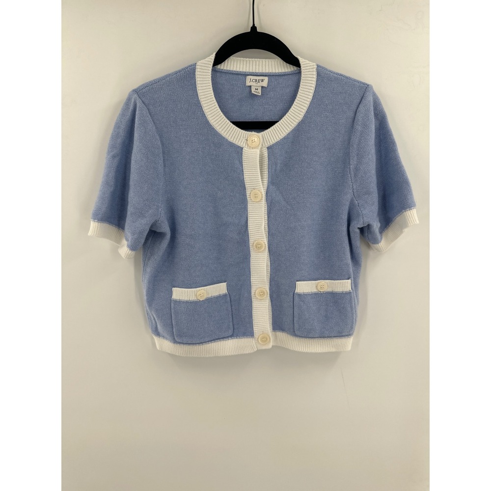 J. Crew Short Sleeve Knit Cardigan Sweater Blue Medium - Picture 2 of 6